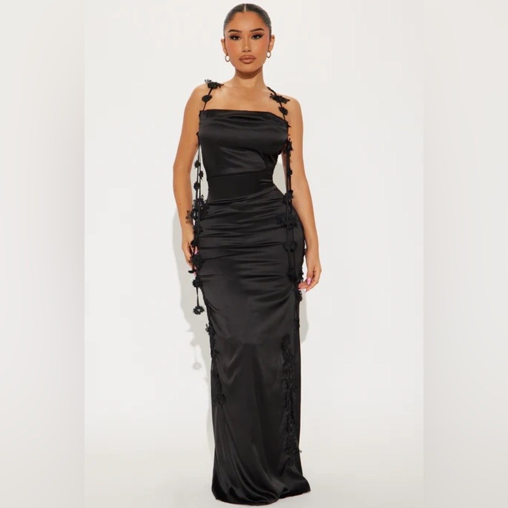 Fashion Nova Black Satin Maxi Dress with Side Tassel Detail